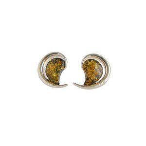Green Baltic Amber Crescent Moon Stud Earrings in 925 Sterling Silver